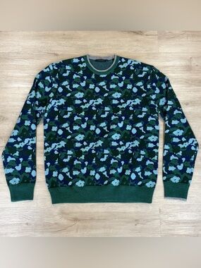 Greyson Sweater Mens Medium Blue Green Camo Cashmere Wool Crewneck Pullover Golf